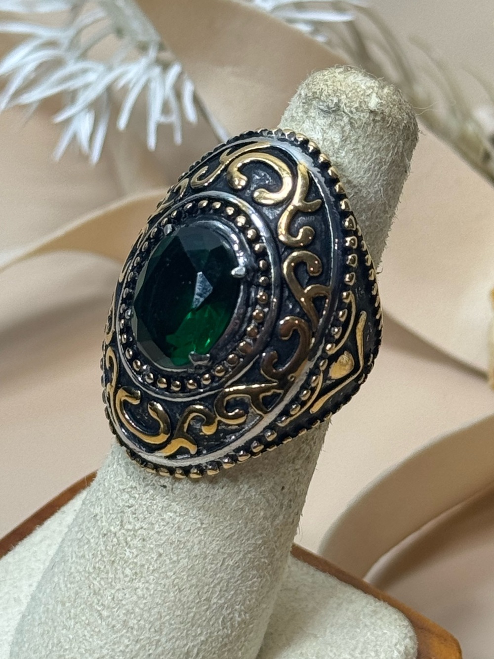 Green Oval Stone Two Tone Ornate Statement Ring Size 5.75